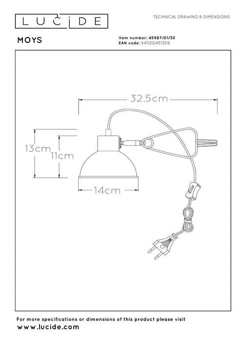 Lucide MOYS - Klemlamp - 1xE27 - Zwart - technisch